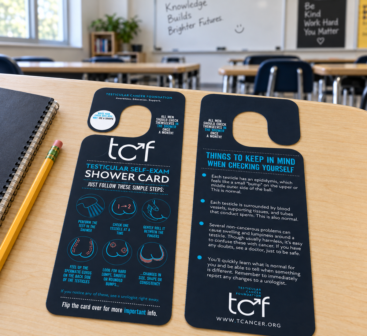 Testicular self-exam shower cards and brochures on a classroom desk