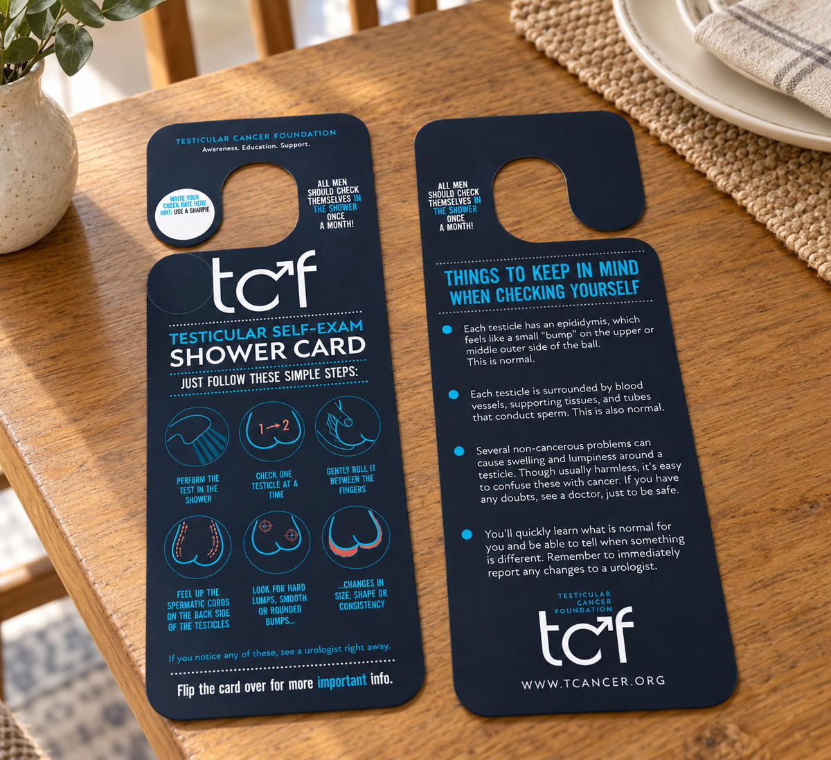 TCF shower card and brochure on a dining room table at home