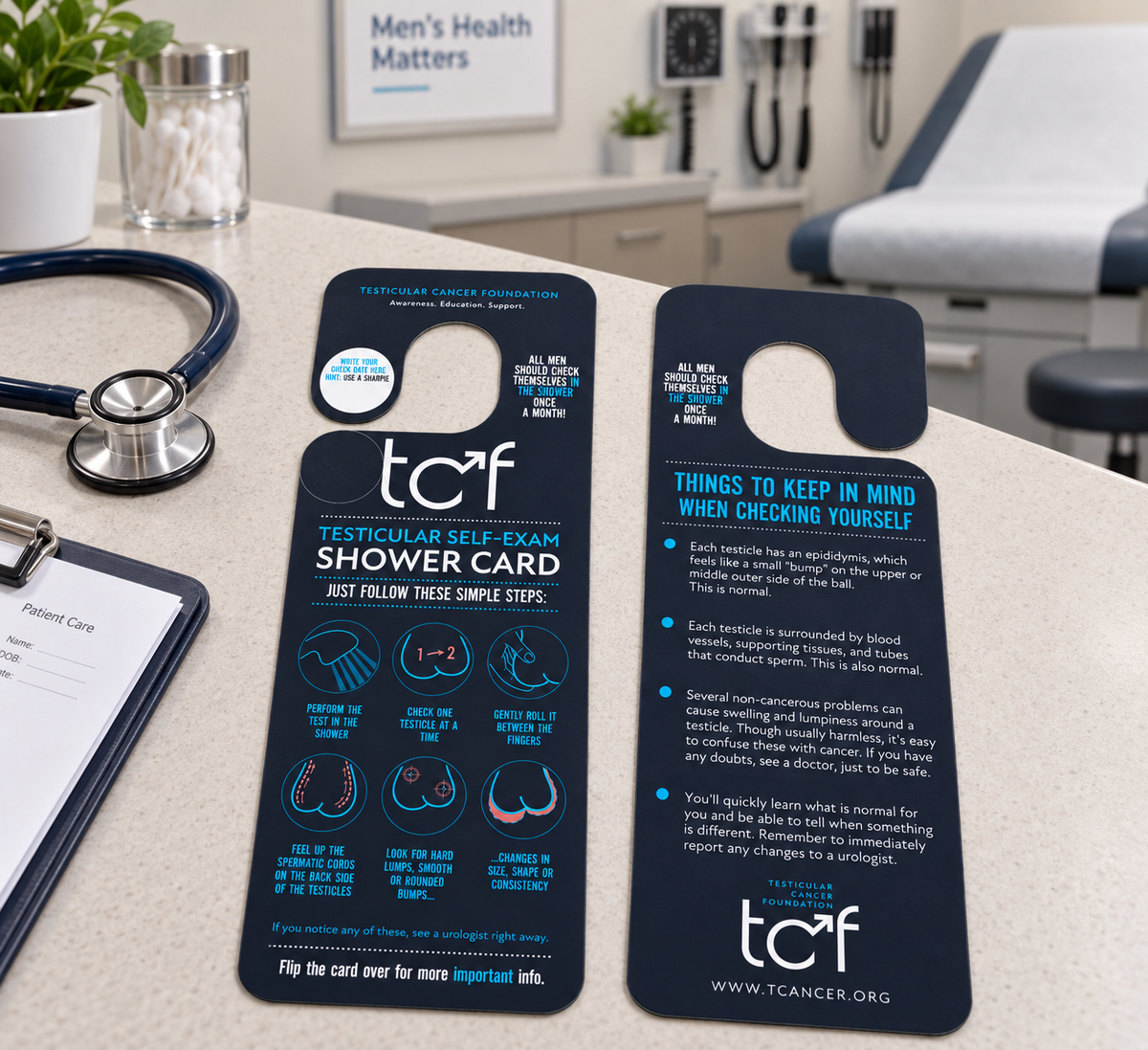 TCF shower cards displayed in a doctor's office